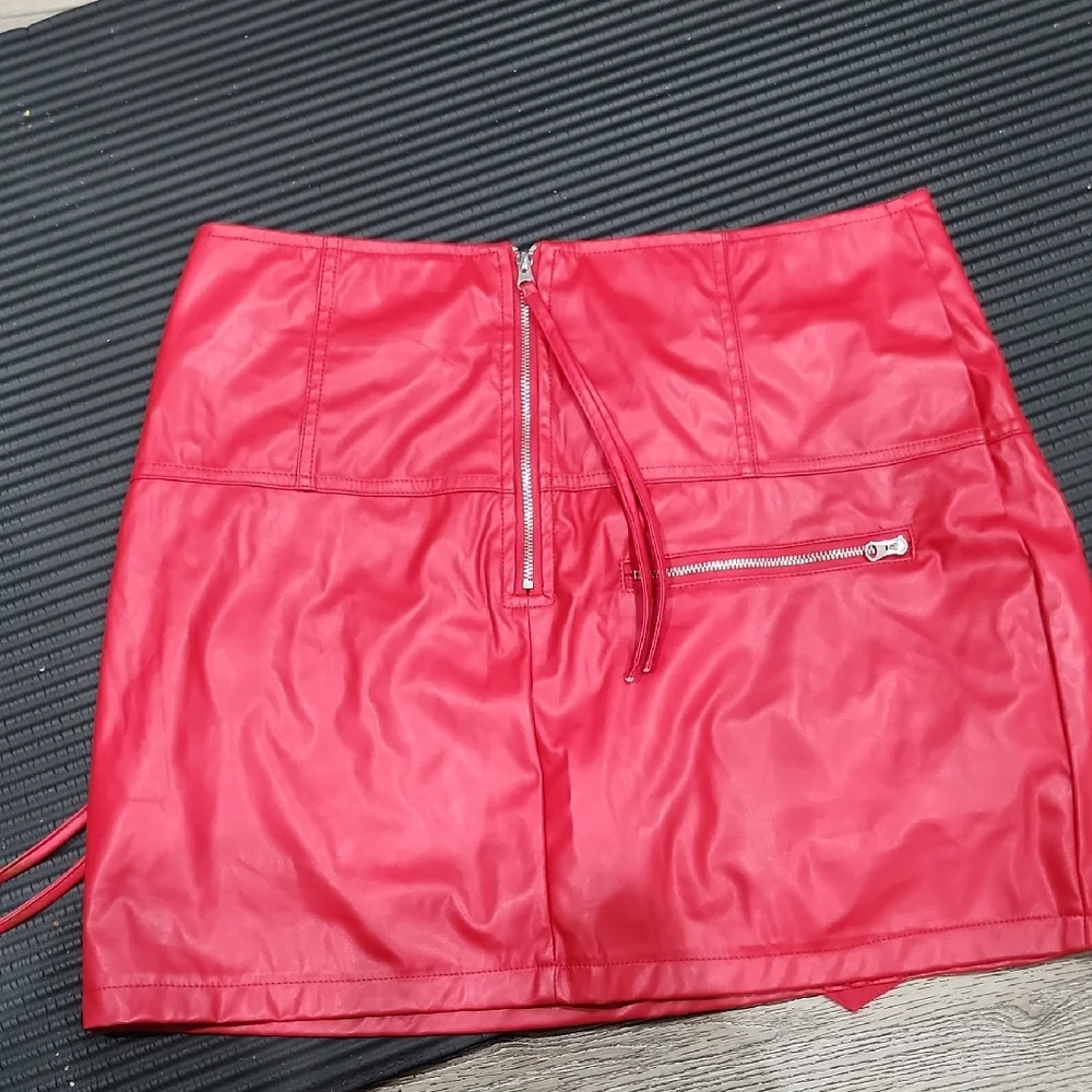 Red Faux Leather Mini Skirt with Heart Detail